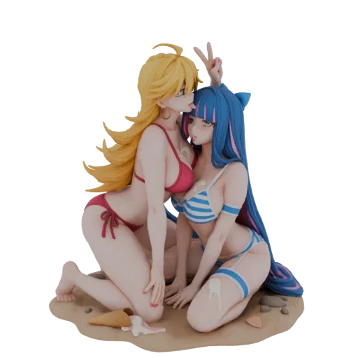 3D model of two anime girls in bikinis on a beach, one licking the other's cheek, with a melting ice cream cone.