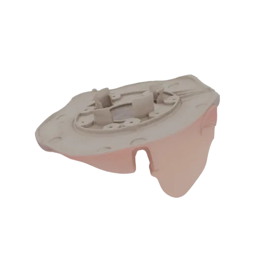 3D model of a futuristic drone component with visible circuitry and a curved housing, presented against a black background.