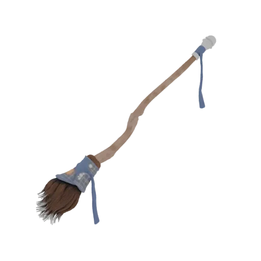 3D model of a whimsical broomstick with a rustic wooden handle, brown bristles, and a blue plaid fabric wrap.