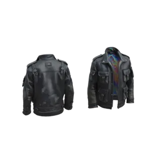 Modelo 3D de chaqueta de cuero negra visto desde atrás y de frente, con un forro iridiscente colorido visible en la vista fro