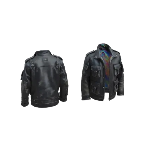 3D model of a black leather jacket shown from the back and front, with a colorful iridescent lining visible on the front view