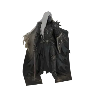 Modelo 3D de guerreiro elfo negro com cabelo branco, armadura escura, capa, espada e escudo com aranha.