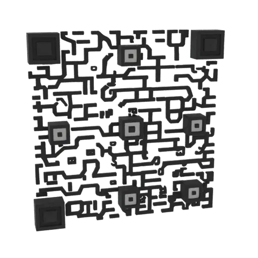 3D model of a dark circuit board designed as a QR code, with intricate lines and square modules against a black background.
