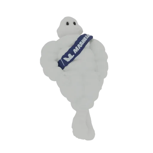 Modèle 3D du mascotte de l'Homme Michelin portant un bandeau bleu avec le logo Michelin.