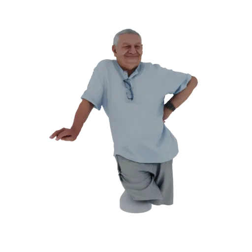 3D model of a smiling elderly man with white hair, wearing a light blue polo shirt and grey shorts, leaning to the side.