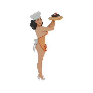 Modelo 3D de uma confeiteira estilo pin-up usando chapéu de chef e avental laranja, segurando um prato de panquecas.