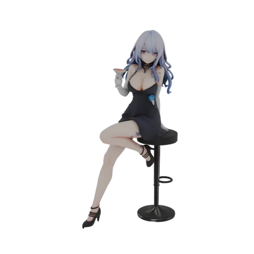 3D model of an anime girl with blue hair wearing a black dress, sitting on a bar stool, holding a drink.