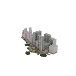 Modelo 3D de un bloque de ciudad moderno con varios edificios de gran altura y áreas verdes circundantes, visto desde un ángu