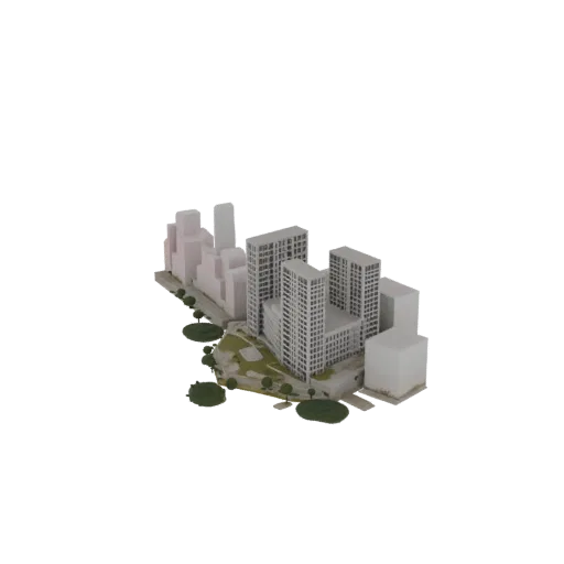 Modello 3D di un blocco città moderno con diversi edifici ad alta quota e aree verdi circostanti, visto da un'angolazione leg