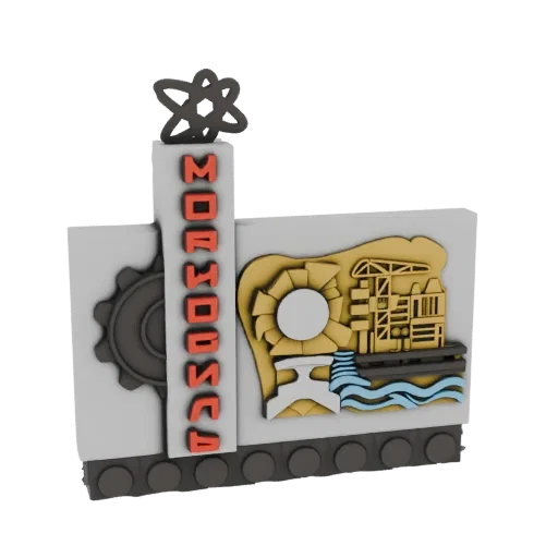 3D model of an industrial city emblem with an atom symbol, gear, factory, and water elements, presented on a black background