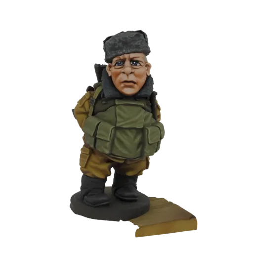 3D model of a stylized, chubby soldier wearing a fur hat and tactical vest, standing on a base.