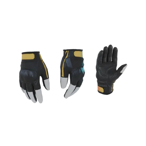 Drei 3D-Modelle taktischer Handschuhe, schwarz mit goldenen Akzenten und weißen Fingerspitzen, vor weißem Hintergrund.