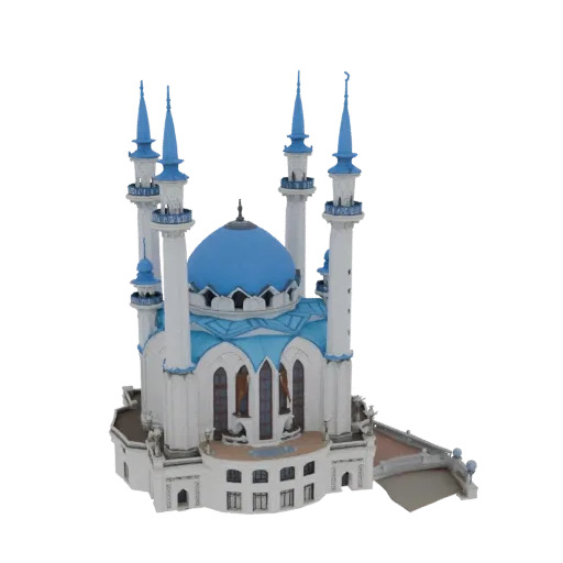 Modello 3D della Moschea Qolsharif nel Cremlino di Kazan, che mostra le sue pareti bianche e le cupole blu su uno sfondo bian