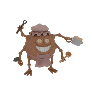 Uma renderização 3D de um robô steampunk redondo e marrom com múltiplos braços, vestindo um avental e touca de chef, segurand