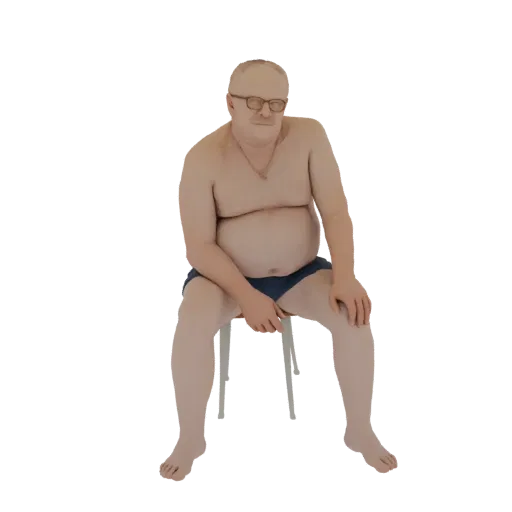 3D-Modell eines mittelalten Mannes mit Brille, der eine blaue Badehose trägt und auf einem weißen Stuhl sitzt.