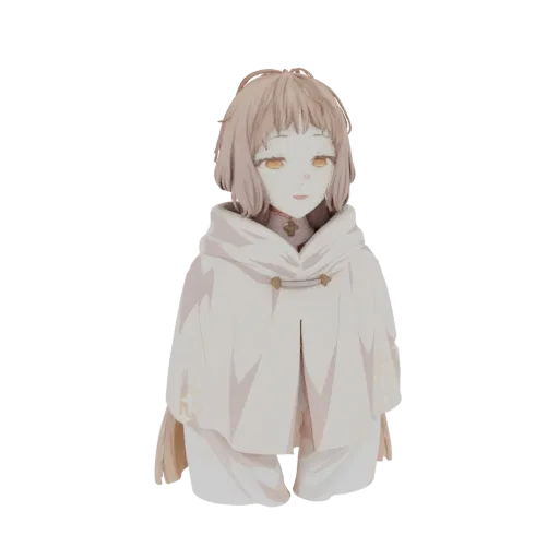 3D model of an anime girl with short, light brown hair and a white cloak, standing with her hands inside the cloak.