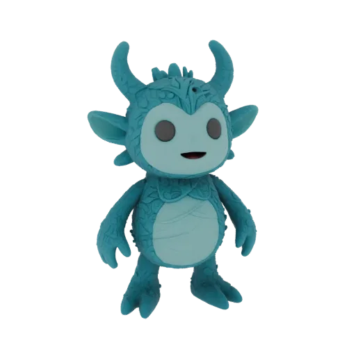 Modèle 3D d'un mignon esprit de la forêt à la peau bleue, avec des cornes et de grands yeux gris.