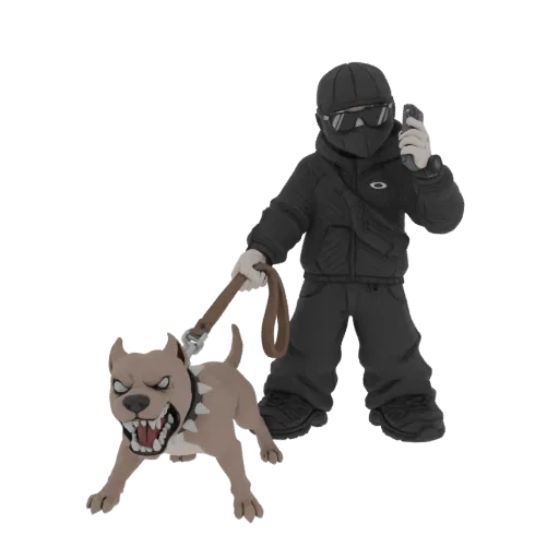 3D model of a menacing pitbull on a leash, held by a masked figure in dark streetwear, against a black background.
