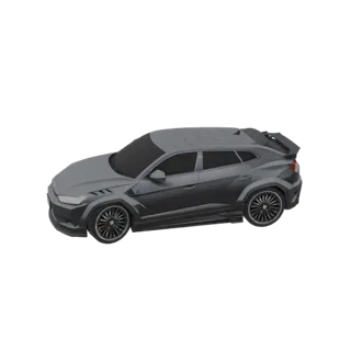 Modello 3D di un SUV aggressivo grigio scuro con kit wide body e spoiler, visto da una prospettiva anteriore a tre quarti.