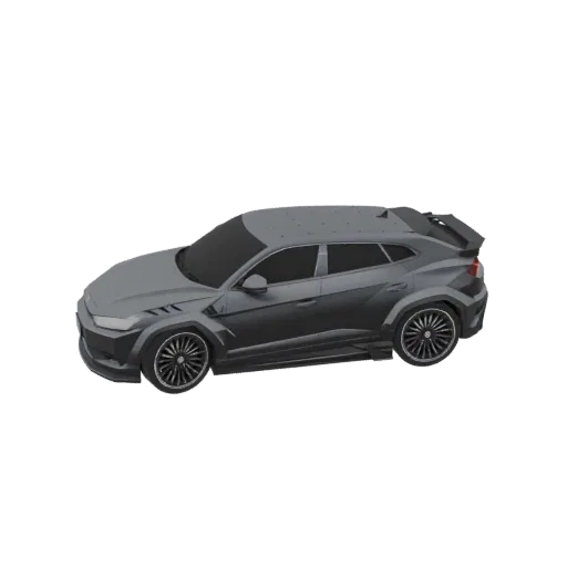 3D-Modell eines aggressiven dunkelgrauen SUVs mit Widebody-Kit und Spoiler, von vorne im Dreiviertelblick.