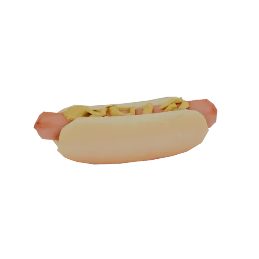 Minimalist 3D model of a hot dog with mustard in a bun, on a white background