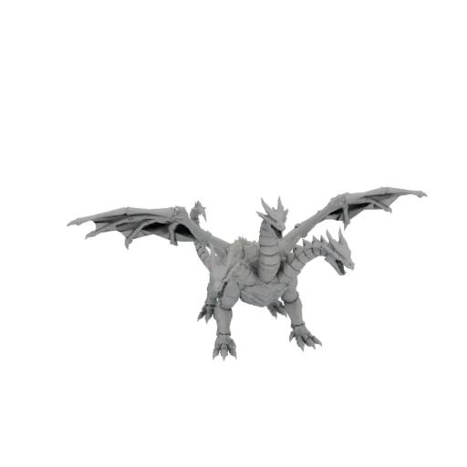 A detailed 3D model of a grey, three-headed dragon with wings spread wide, set against a black background.