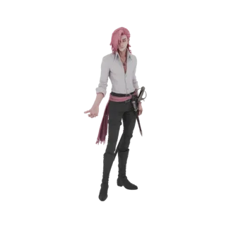 3D model of a male pirate captain with pink hair, wearing a white shirt, dark pants, red sash, and boots, holding a scimitar.
