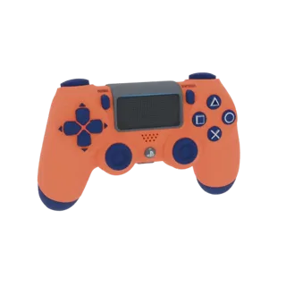 Modellino 3D di un controller da gioco con corpo arancione e pulsanti/joystick blu, presentato su sfondo bianco.