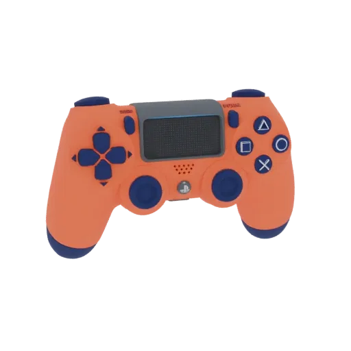 Modellino 3D di un controller da gioco con corpo arancione e pulsanti/joystick blu, presentato su sfondo bianco.