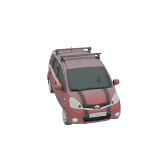 3D model of a red crossover SUV with black racing stripes and a roof rack, viewed from a slightly elevated front-side angle.