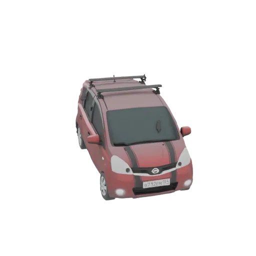 3D model of a red crossover SUV with black racing stripes and a roof rack, viewed from a slightly elevated front-side angle.