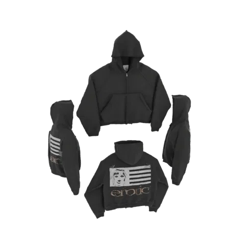 3D model of a dark grey zip-up hoodie with an oversized fit and a graphic print on the back.