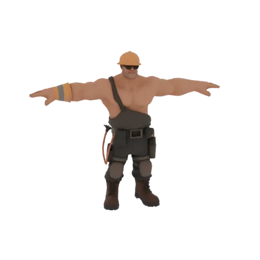 3D model of a muscular construction worker wearing a yellow hard hat and sunglasses, in a T-pose with arms outstretched.