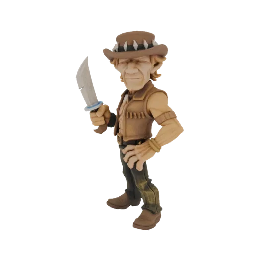 3D model of Crocodile Dundee action figure wearing a hat and vest, holding a machete, with a black background.