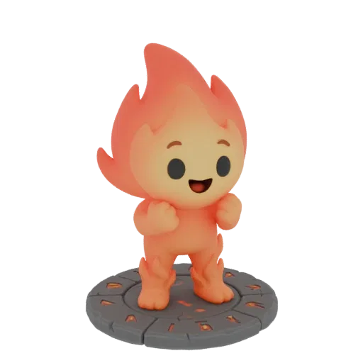 Rendering 3D di un personaggio elementale di fuoco carino e cartoonesco con fiamme arancioni per capelli e piedi, in piedi su