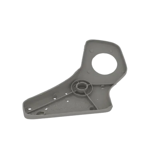 3D model of a gray plastic bracket with a large circular opening and mounting holes, isolated on a white background.