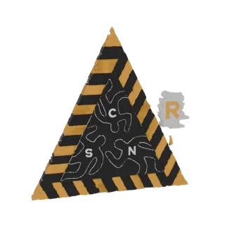 3D render of a triangular crime scene warning sign with yellow and black hazard stripes, chalk outlines of bodies, and the le