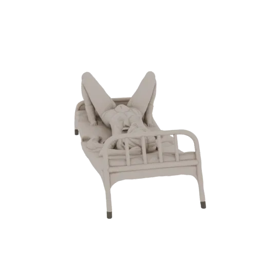 Modello 3D di una figura pallida e scolpita in una complessa posa reclinata su una semplice struttura di letto, vista da un'angolazione leggermente elevata.