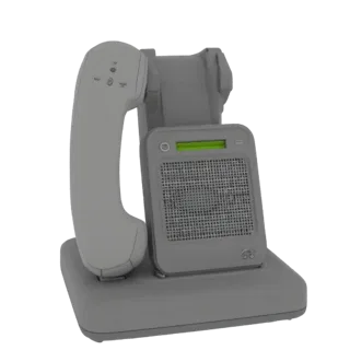 Modelo 3D de teléfono inalámbrico retro sobre su base, acabado gris y pantalla verde iluminada.