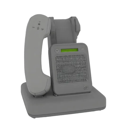 3D model of a retro cordless phone resting on its docking station, featuring a grey finish and a green illuminated display.