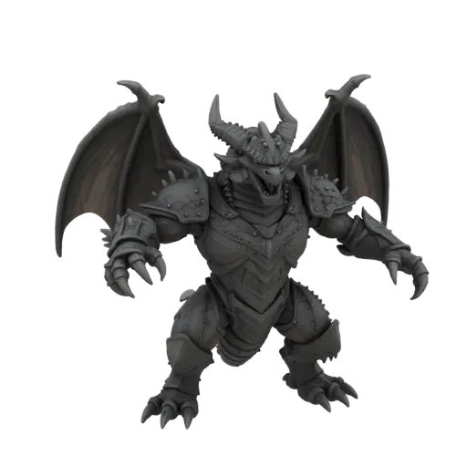 Fantasy gepanzerter Drachenboss-Miniatur STL, Drei-Viertel-Tabletop-Rendering, harzdruckbare Boss-Miniatur mit brüllender Pos