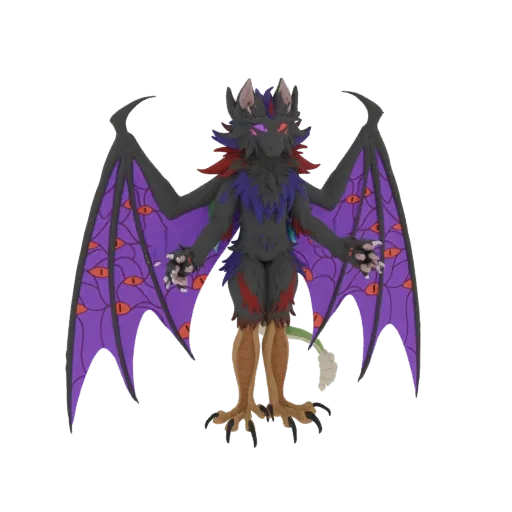 3D model of a dark gargoyle bat creature with large purple wings covered in eye patterns, standing on bird-like talons.
