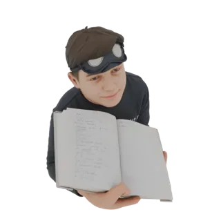 Modelo 3D de um jovem estudante usando óculos na testa e segurando um caderno aberto com anotações manuscritas.