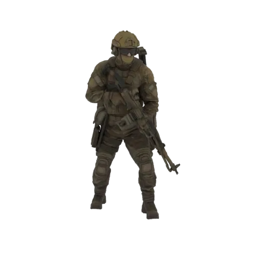 3D model of a modern soldier standing with an assault rifle, wearing tactical gear and camouflage uniform.