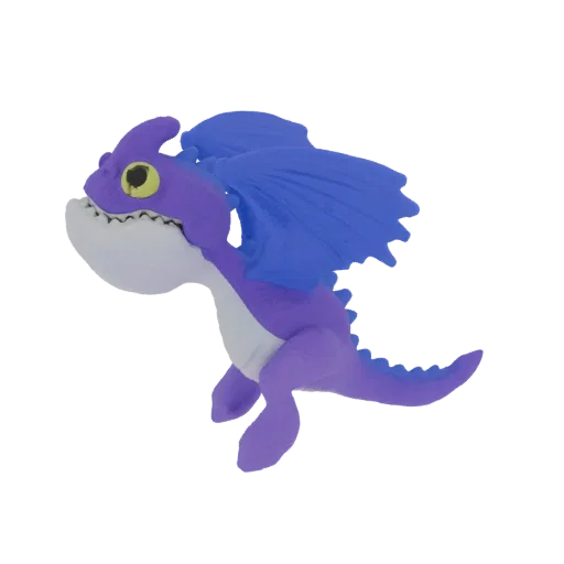 A 3D render of a cute baby purple dragon with large blue wings, looking to the left with yellow eyes.