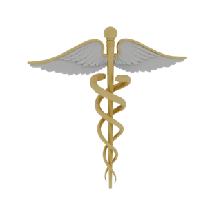 3D model of the Caduceus symbol with golden staff, wings, and two intertwined snakes on a white background.