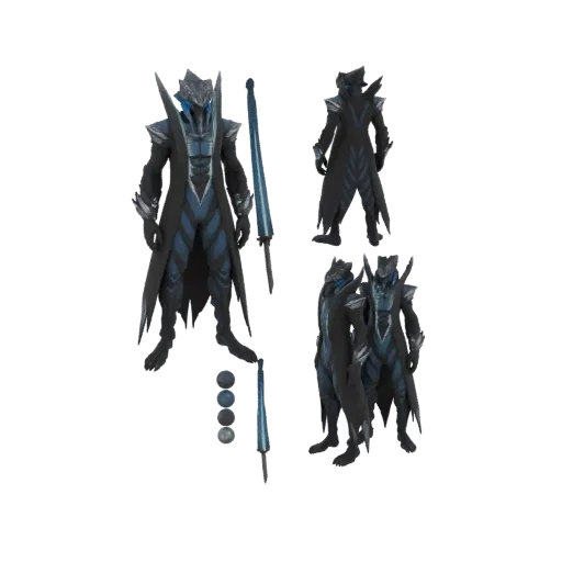 3D model of a dark knight in black armor with blue accents, holding a futuristic sword, shown from multiple angles.