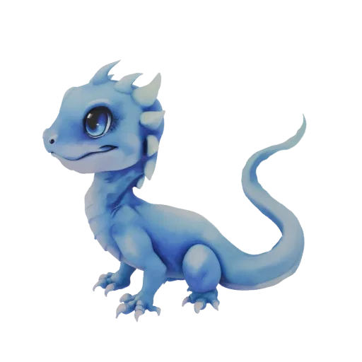 Un lindo modelo 3D de un dragón azul bebé con grandes ojos azules y púas azul claro, sentado y mirando hacia un lado.