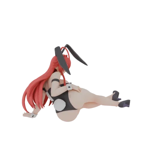 3D model of a bunny girl with red hair, wearing a black bunny suit, in a reclining pose.