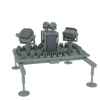 3D model of a mobile missile launcher platform with a large radar dish, multiple missile tubes, and sturdy legs, presented on